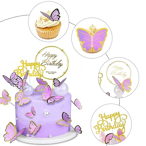 WOW DING 60Pcs Butterfly Cupcake Topper Purple Gold, Lively 3D Butterflies with 2Pcs Happy Birthday Topper for Cake Decor Birthday Anniversary Kids Wedding Girl Women Party Wall Food Decorations,Mixed Size - Image 3
