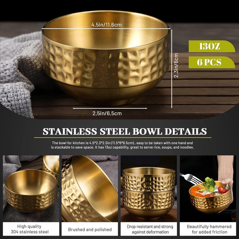 Roucerlin 6 Pcs 45 In Gold 304 Stainless Steel Bowls Small 13Oz Double Walled Soup Bowls Thick Non Slip Appetizer Snack Small Metal Serving for Sauces Rice Noodles Ice Cream Oat 6 pcs - Image 2