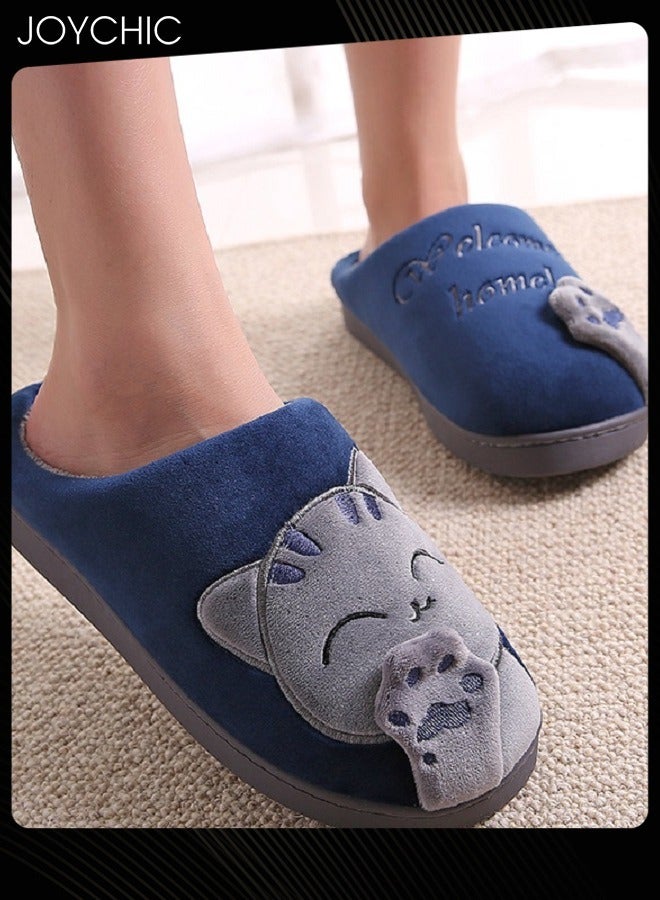 Joychic نعال منزلي خارجي دافئ مضاد للانزلاق بتصميم قطة لطيفة للشتاء باللون الأزرق الداكن/الرمادي للنساء والرجال - Image 1