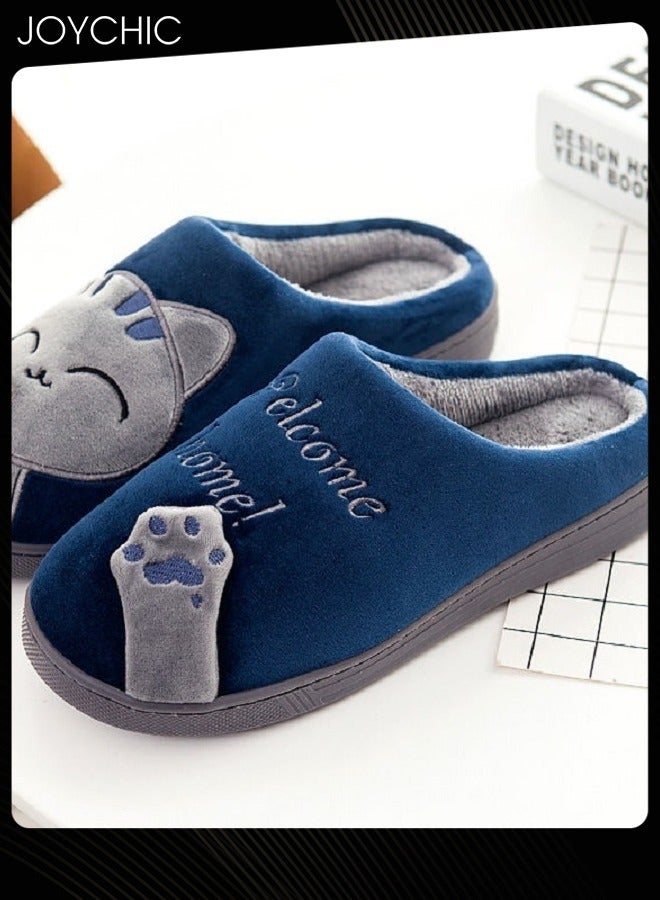 Joychic نعال منزلي خارجي دافئ مضاد للانزلاق بتصميم قطة لطيفة للشتاء باللون الأزرق الداكن/الرمادي للنساء والرجال - Image 2