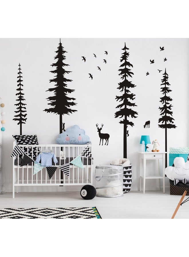 MAFENT Pine Tree Wall Decals - Woodland Vinyl Stickers with Animal Wall Stickers - Squirrels & Deers - Kids Nursery & Living Room Decoration (Black) - Image 1
