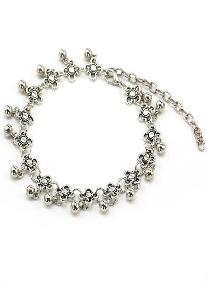 fabula by OOMPH Jewellery Antique Silver Floral Bohemian Tribal Fashion Anklet for Women & Girls (ASN1R4) - Silver, White, Black(Single Piece) - Image 1