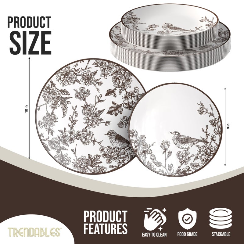 Trendables Disposable Dinnerware Sets Vintage Plates Plastic Disposable Plates Set For 20 Guests 20 x 8 Inch Dessert Plate & 20 x 10 Inch Wedding Plates & Party Plates Rustik - Image 2