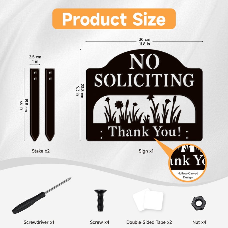 ComboJoy No Soliciting Sign for House, Metal No Soliciting Yard Sign with Stake, Sturdy Hollowed-Out Floral Design, Three Methods to Use, Outdoor No Soliciting Signs for Home and Front Door - Image 2