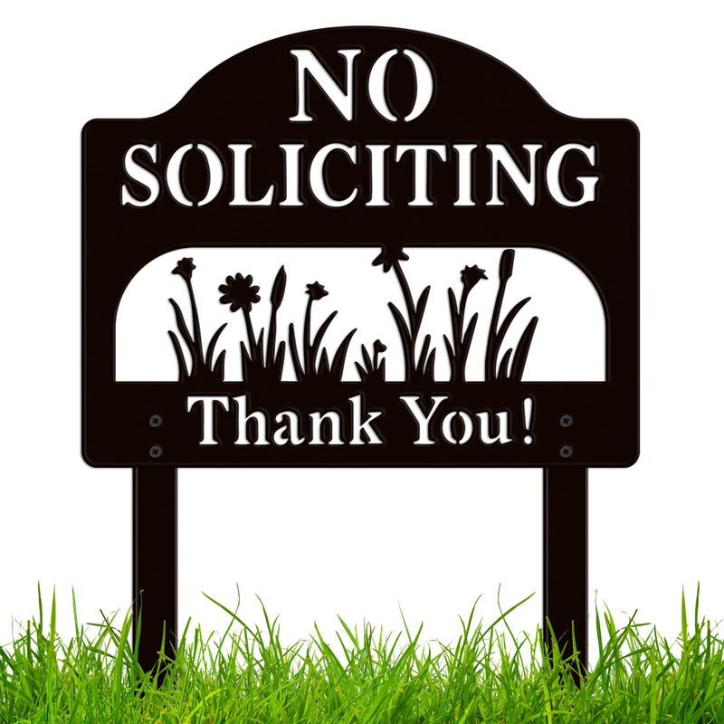 ComboJoy No Soliciting Sign for House, Metal No Soliciting Yard Sign with Stake, Sturdy Hollowed-Out Floral Design, Three Methods to Use, Outdoor No Soliciting Signs for Home and Front Door - Image 1