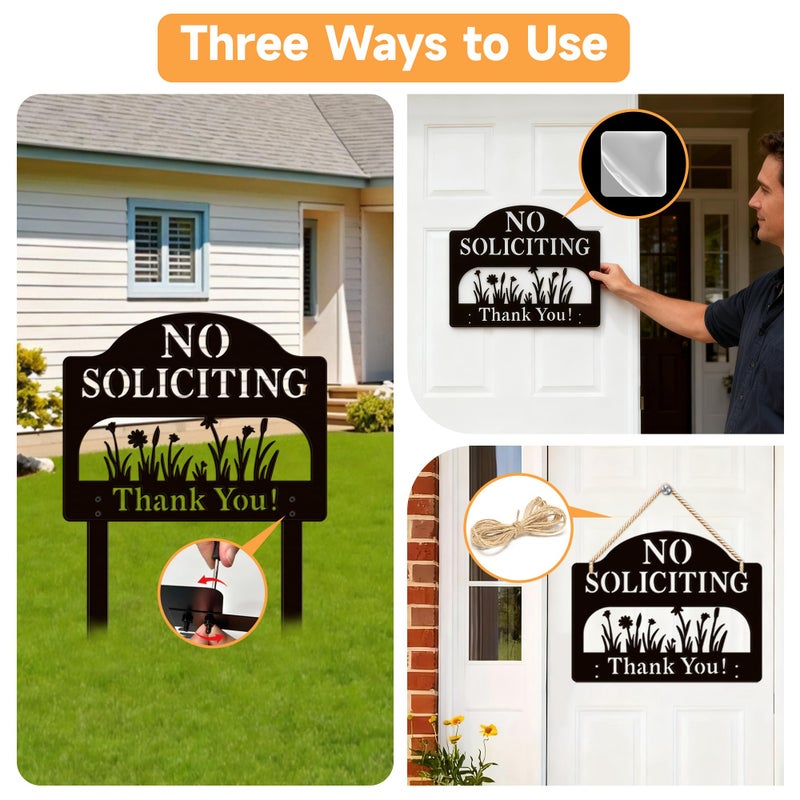 ComboJoy No Soliciting Sign for House, Metal No Soliciting Yard Sign with Stake, Sturdy Hollowed-Out Floral Design, Three Methods to Use, Outdoor No Soliciting Signs for Home and Front Door - Image 3