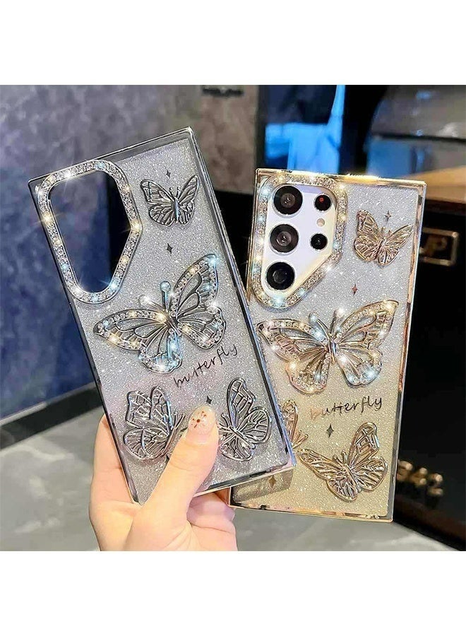 جراب فراشة براق أنيق لهاتف سامسونج جالاكسي S25 ألترا 6.9 بوصة، مطلي ببريق ثلاثي الأبعاد، رفيع وفاخر، مقاوم للصدمات، مناسب للنساء والفتيات، للاستخدام اليومي والحفلات والمواعيد، فضي اللون - Image 3