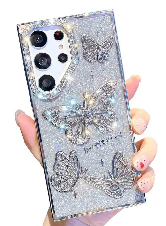 جراب فراشة براق أنيق لهاتف سامسونج جالاكسي S25 ألترا 6.9 بوصة، مطلي ببريق ثلاثي الأبعاد، رفيع وفاخر، مقاوم للصدمات، مناسب للنساء والفتيات، للاستخدام اليومي والحفلات والمواعيد، فضي اللون - Image 1