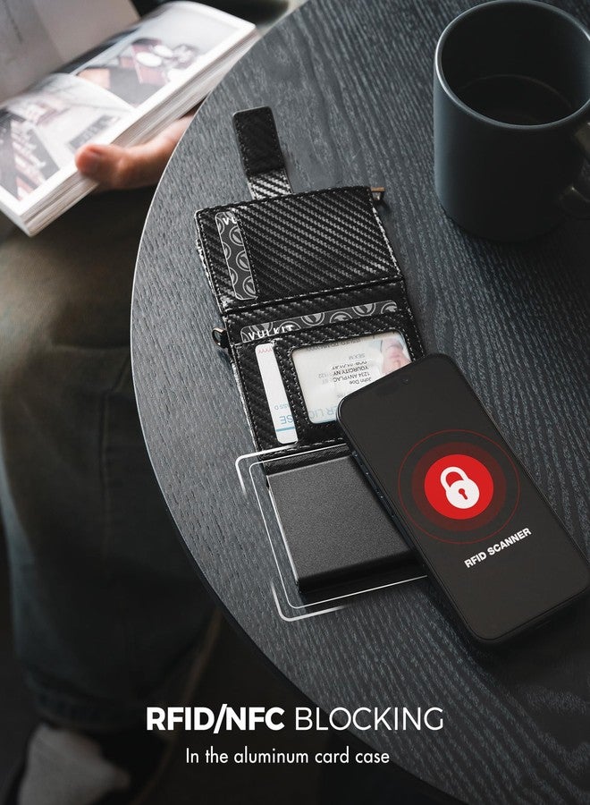 فولكيت محفظة رجالية من فولكيت مزودة بحماية RFID وسلسلة، وحافظة منبثقة لإخراج بطاقات الائتمان، ونافذة لعرض الهوية، وجيب بسحاب للعملات المعدنية، وحجرة للأوراق النقدية، لون أسود كربوني - Image 5