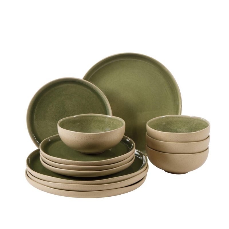Gibson Elite Manila Bay 12-Piece Stoneware Dinnerware Set, Service for 4, Reactive Glaze Modern Artisan Plates, Bowls & Mugs, Green, Round Design - Image 1
