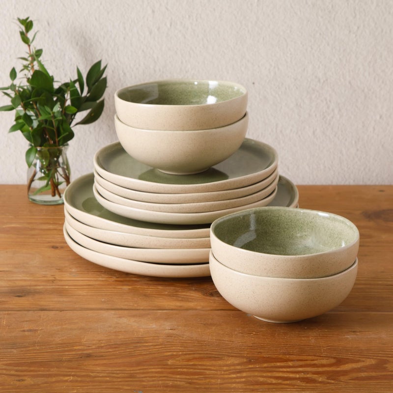 Gibson Elite Manila Bay 12-Piece Stoneware Dinnerware Set, Service for 4, Reactive Glaze Modern Artisan Plates, Bowls & Mugs, Green, Round Design - Image 5