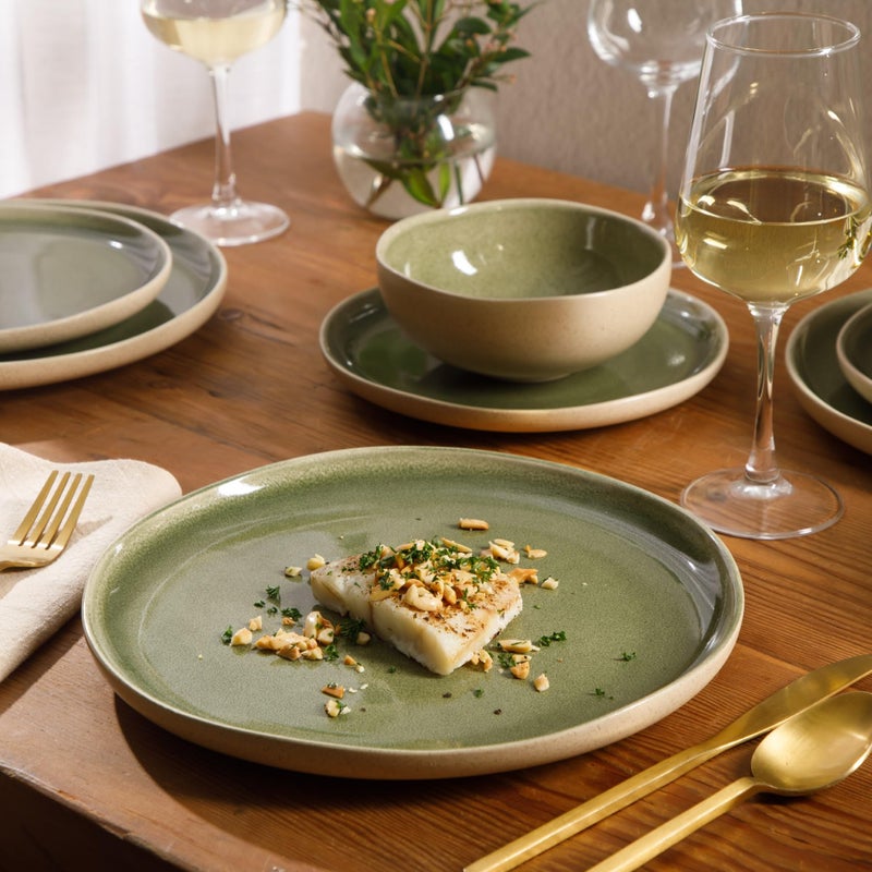 Gibson Elite Manila Bay 12-Piece Stoneware Dinnerware Set, Service for 4, Reactive Glaze Modern Artisan Plates, Bowls & Mugs, Green, Round Design - Image 2