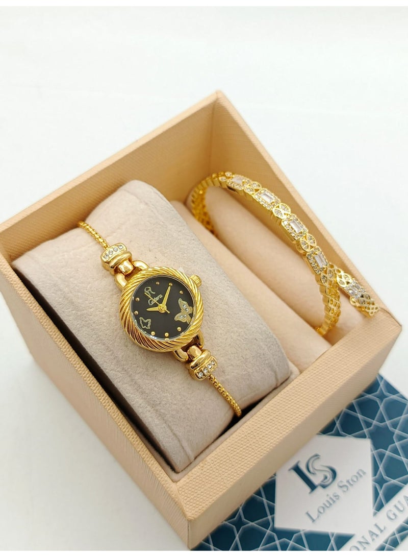 Louis Ston High-quality, waterproof women's watch gift set with an elegant bracelet and premium packaging box - gold strap with a black dial