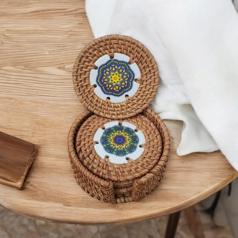Aesthetic AanganHandmade Ceremic Rattan Coaster with Holder Coaster Set of 6 Tea Coffee Coaster Drink Coaster Coaster for Gifting Coaster for Decoration Wooden Coaster D10CM - Image 2