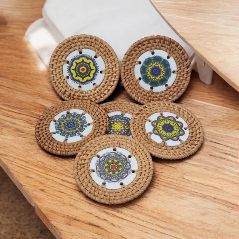 Aesthetic AanganHandmade Ceremic Rattan Coaster with Holder Coaster Set of 6 Tea Coffee Coaster Drink Coaster Coaster for Gifting Coaster for Decoration Wooden Coaster D10CM - Image 1