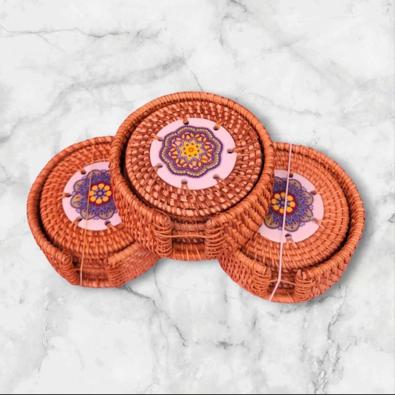 Aesthetic AanganHandmade Ceremic Rattan Coaster with Holder Coaster Set of 6 Tea Coffee Coaster Drink Coaster Coaster for Gifting Coaster for Decoration Wooden Coaster D10CM - Image 3