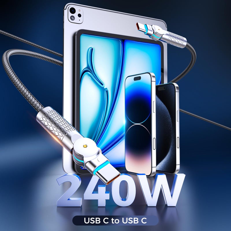 PINGXIN USB C to USB C Cable10ft,240W 2-Pack Braided 180Â°Rotating Type C Charging CableFast Charge for iPhone 16/16Pro/16Plus/16ProMax,MacBook Air,iPad Pro,Pixel,Samsung Galaxy S23/S24 Ultra-Light Grey - Image 3