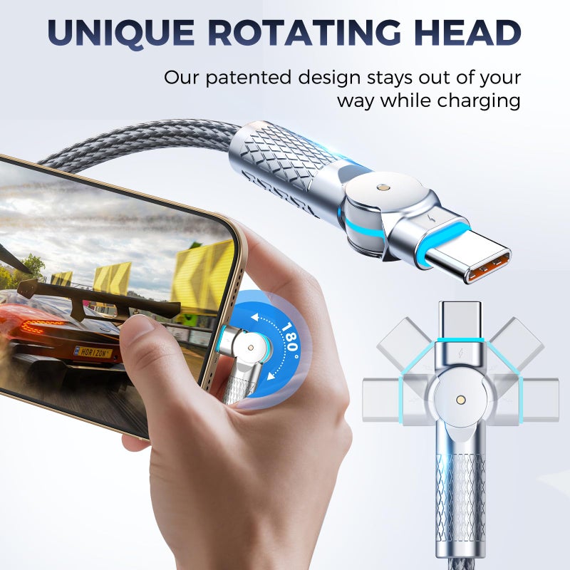 PINGXIN USB C to USB C Cable10ft,240W 2-Pack Braided 180Â°Rotating Type C Charging CableFast Charge for iPhone 16/16Pro/16Plus/16ProMax,MacBook Air,iPad Pro,Pixel,Samsung Galaxy S23/S24 Ultra-Light Grey - Image 2