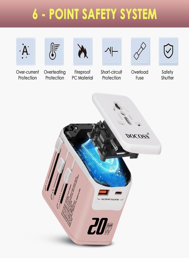 Docoss 25W Fast Charging Universal Travel Adapter International All-in-One Adapter with Type C,QC 3.0,W/3.1A for UK,US,EU-Universal Plug Power Adapter (Pink-White) - Image 3