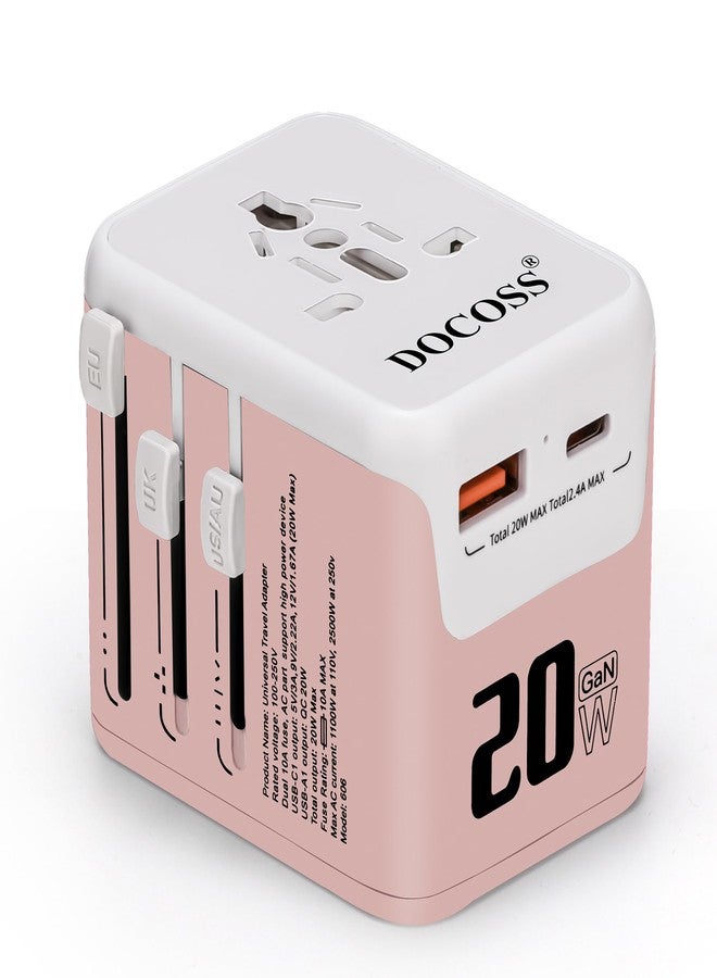 Docoss 25W Fast Charging Universal Travel Adapter International All-in-One Adapter with Type C,QC 3.0,W/3.1A for UK,US,EU-Universal Plug Power Adapter (Pink-White) - Image 1