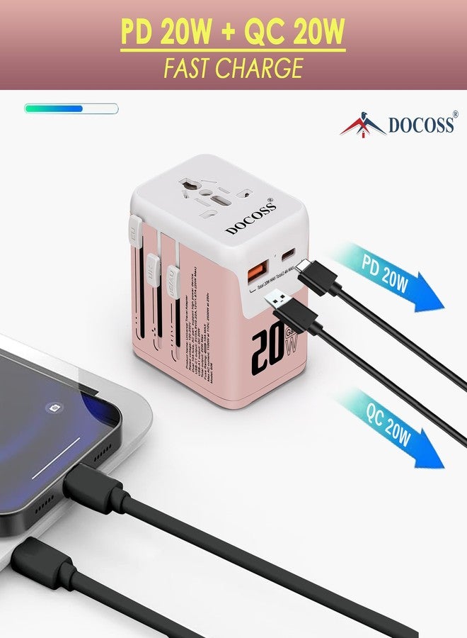 Docoss 25W Fast Charging Universal Travel Adapter International All-in-One Adapter with Type C,QC 3.0,W/3.1A for UK,US,EU-Universal Plug Power Adapter (Pink-White) - Image 4