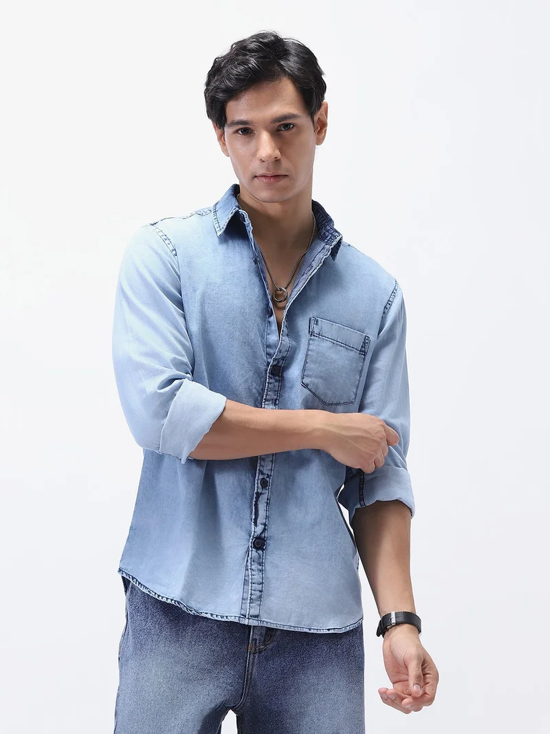 أوربانو فاشن Urbano Fashion Men's Ice Blue Regular Fit Full Sleeve Washed Denim Shirt
