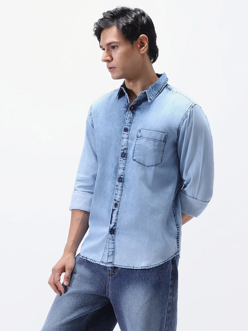 أوربانو فاشن Urbano Fashion Men's Ice Blue Regular Fit Full Sleeve Washed Denim Shirt