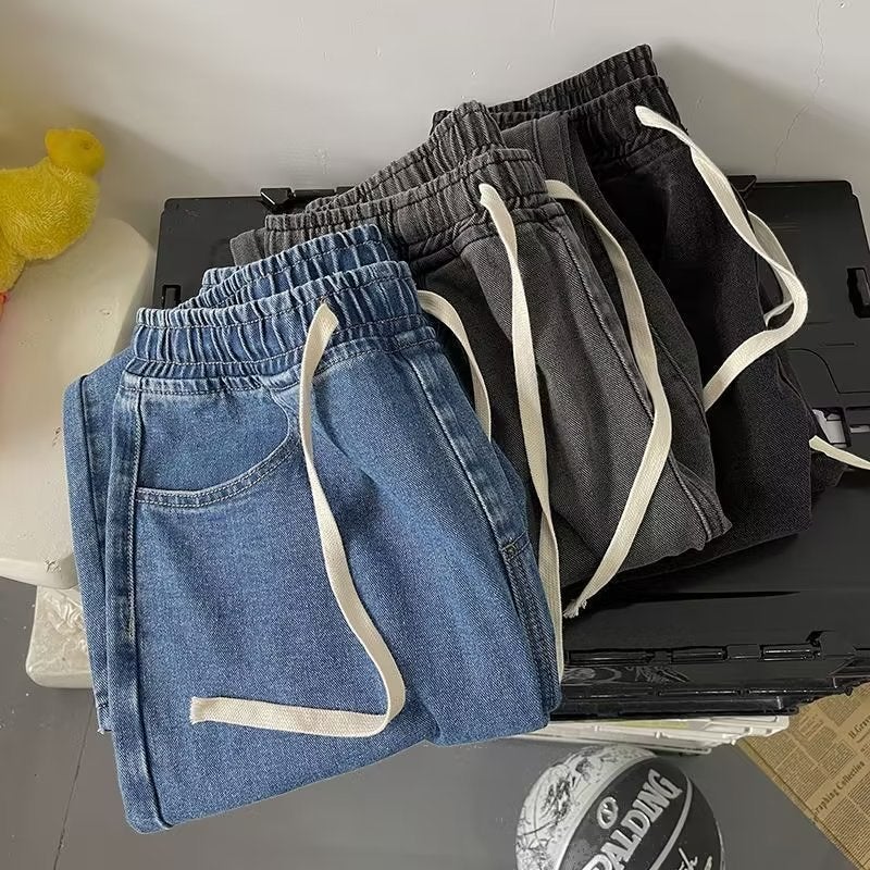 Shrimp Skin With Wide Leg Drawstring Jeans Men'S Summer Solid Color Simple Trend Ins Loose Straight Trousers - Image 2