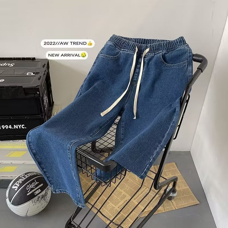 Shrimp Skin With Wide Leg Drawstring Jeans Men'S Summer Solid Color Simple Trend Ins Loose Straight Trousers - Image 5