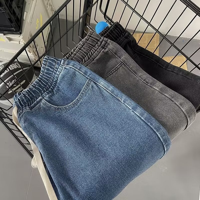 Shrimp Skin With Wide Leg Drawstring Jeans Men'S Summer Solid Color Simple Trend Ins Loose Straight Trousers - Image 3