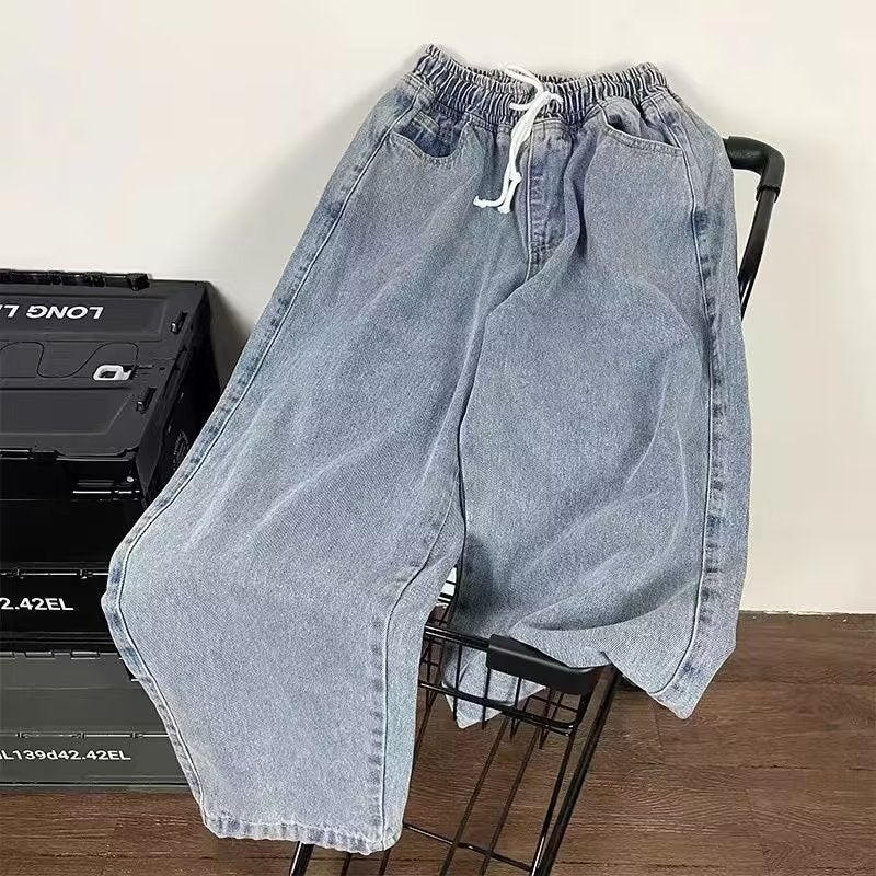 Shrimp Skin With Wide Leg Drawstring Jeans Men'S Summer Solid Color Simple Trend Ins Loose Straight Trousers - Image 1