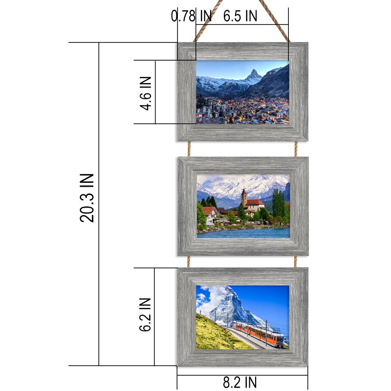 Rexllon 5x7 إطار الصورة جدار معلق إطارات الصورة الكولاج مع 3 إطارات فتحة إطارات الصور الكولاج جدار ديكور ريفي رمادي - Image 2