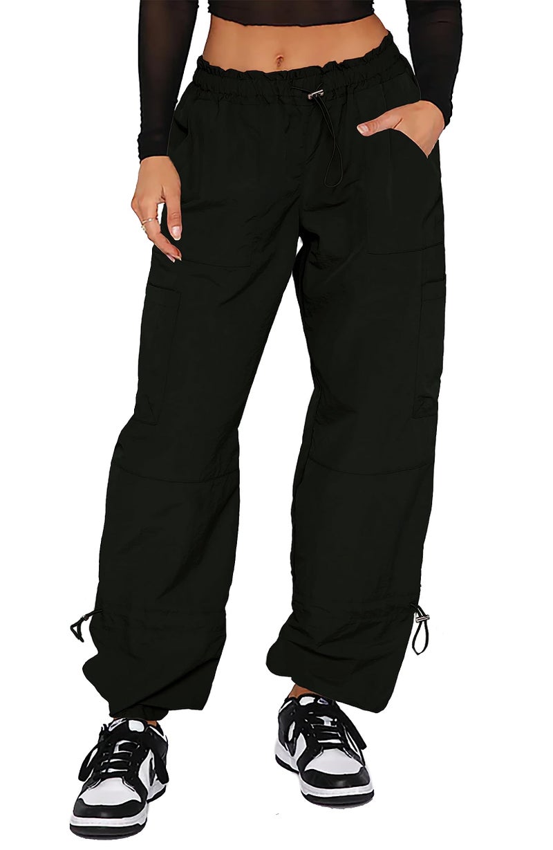 Waitfairy Cargo Pants Women Drawstring Elastic Waist Baggy Parachute Pants Woman Y2K Bottoms with Multiple Pockets Black S - Image 1