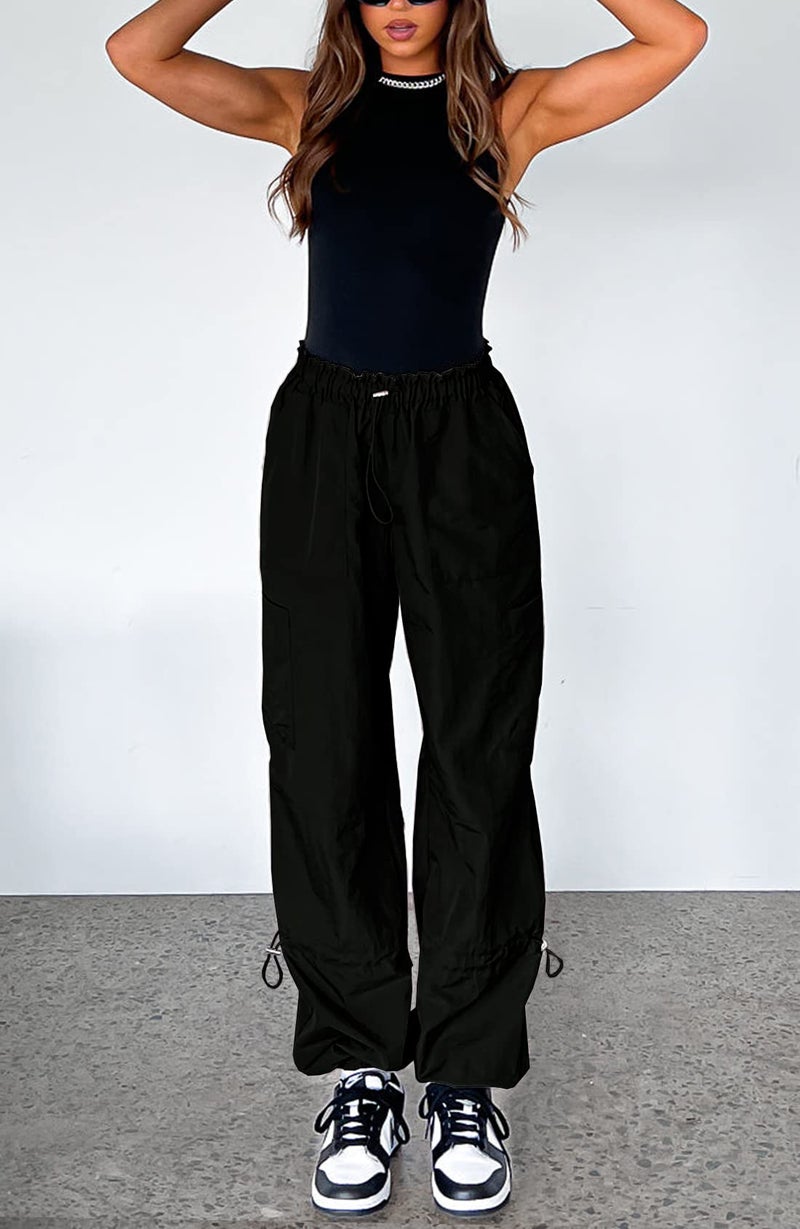 Waitfairy Cargo Pants Women Drawstring Elastic Waist Baggy Parachute Pants Woman Y2K Bottoms with Multiple Pockets Black S - Image 3