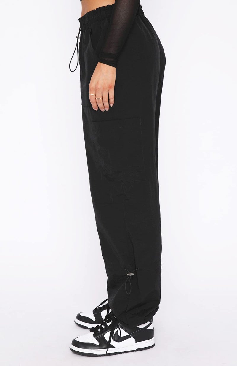 Waitfairy Cargo Pants Women Drawstring Elastic Waist Baggy Parachute Pants Woman Y2K Bottoms with Multiple Pockets Black S - Image 2