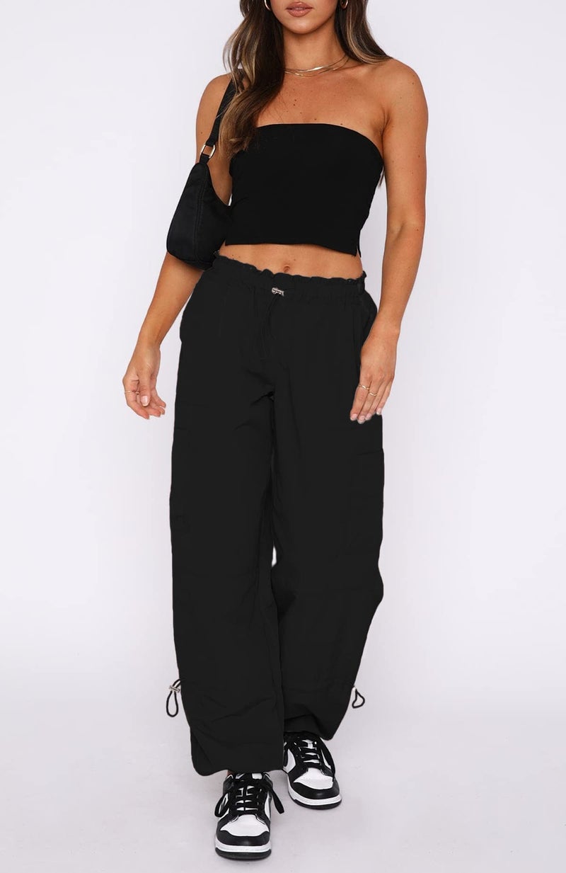 Waitfairy Cargo Pants Women Drawstring Elastic Waist Baggy Parachute Pants Woman Y2K Bottoms with Multiple Pockets Black S - Image 5