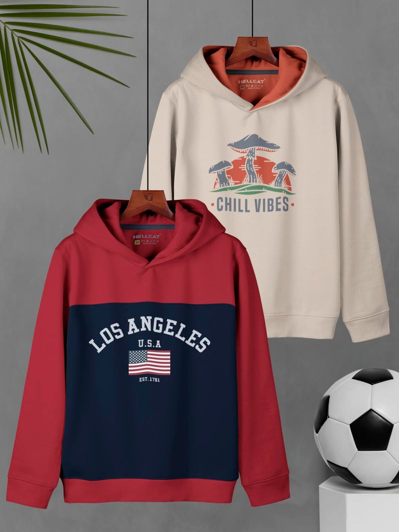 HELLCAT Printed Cotton Blend Hoodie Sweatshirt for Boys - Pack of 2 Maroon/Beige 13-14 Years - Image 2