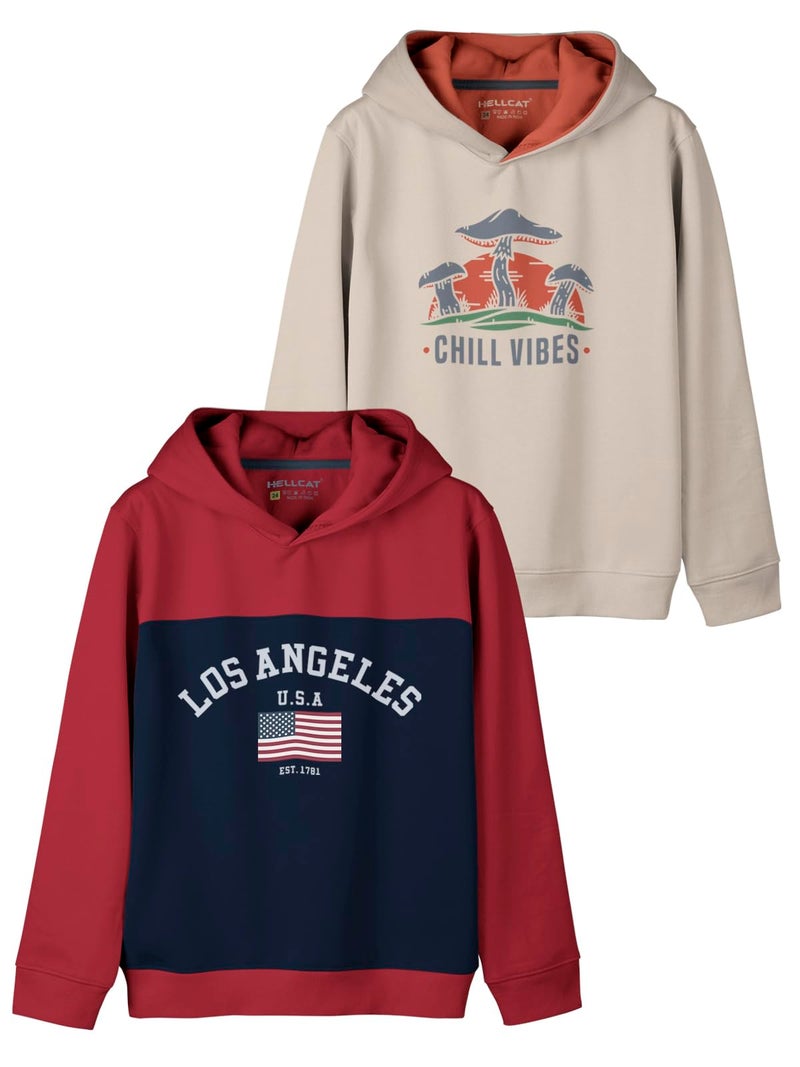 HELLCAT Printed Cotton Blend Hoodie Sweatshirt for Boys - Pack of 2 Maroon/Beige 13-14 Years - Image 1