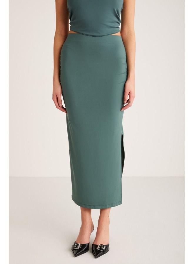 Ethiquet Madıson Women's Slim Fit Narrow-Cut Body-Hugging Green Skirt with Slit Detail and Elastic Waist - Image 1