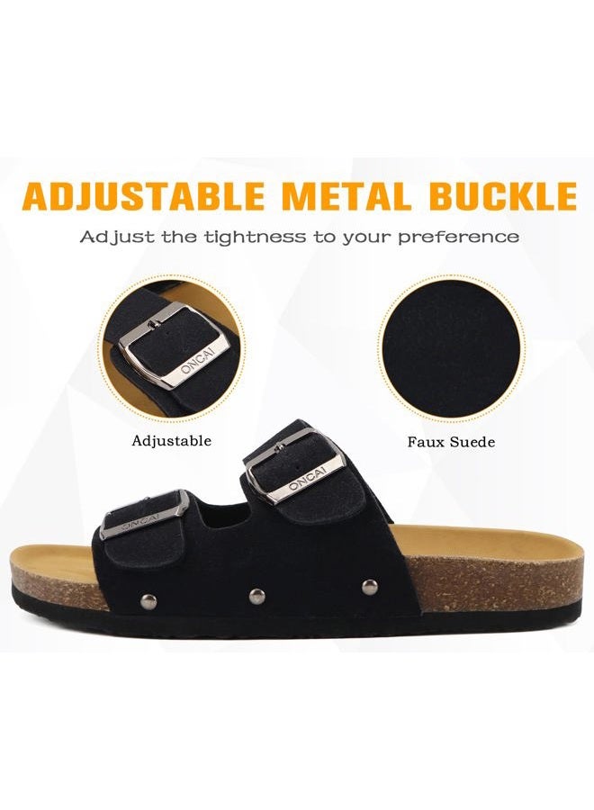 ONCAI Womens Flat Slide Sandals with Arch Support 2 Strap Adjustable Buckle Slip on Slides Shoes Non Slip Rubber Sole, Black, 8 - Image 4