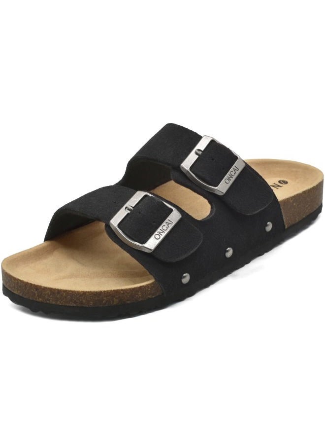 ONCAI Womens Flat Slide Sandals with Arch Support 2 Strap Adjustable Buckle Slip on Slides Shoes Non Slip Rubber Sole, Black, 8 - Image 1