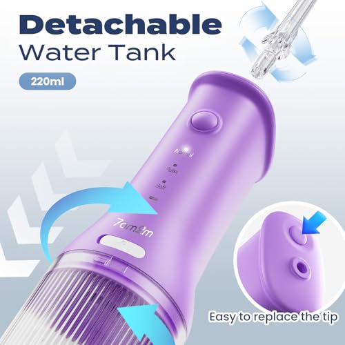 7AM2M Portable Cordless Water Flosser, Oral Irrigator with 3 Modes & 2 Tips, Fast Rechargeable, IPX7 Waterproof, Dental Water Flosser for Travel and Home Use (Purple) - Image 4