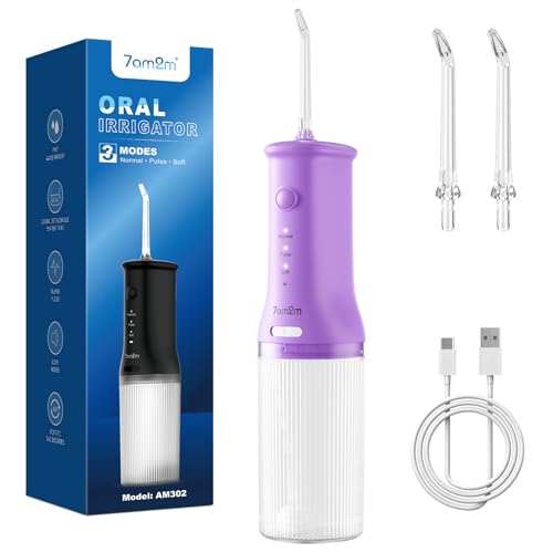 7AM2M Portable Cordless Water Flosser, Oral Irrigator with 3 Modes & 2 Tips, Fast Rechargeable, IPX7 Waterproof, Dental Water Flosser for Travel and Home Use (Purple) - Image 1