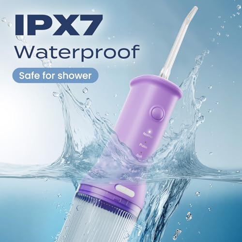 7AM2M Portable Cordless Water Flosser, Oral Irrigator with 3 Modes & 2 Tips, Fast Rechargeable, IPX7 Waterproof, Dental Water Flosser for Travel and Home Use (Purple) - Image 5