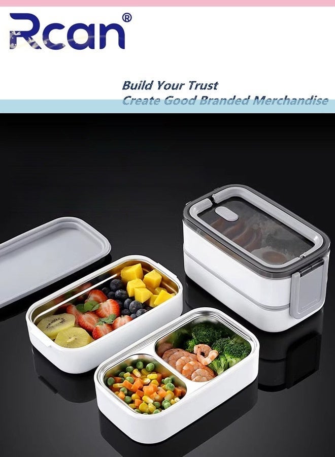 Rcan Stainless Steel Square Lunch Box With Handle Tableware Portable Heated Spill-proof Double-layer Sealed Insulated Leakproof Bento Box for Kids Adults Meal and Fruit Containers, White - Image 1