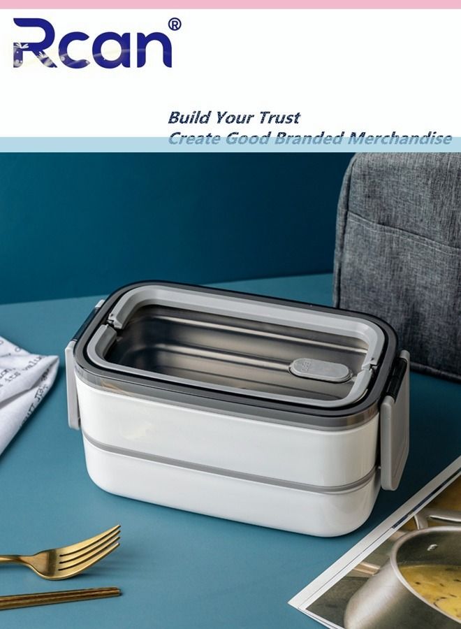 Rcan Stainless Steel Square Lunch Box With Handle Tableware Portable Heated Spill-proof Double-layer Sealed Insulated Leakproof Bento Box for Kids Adults Meal and Fruit Containers, White - Image 2