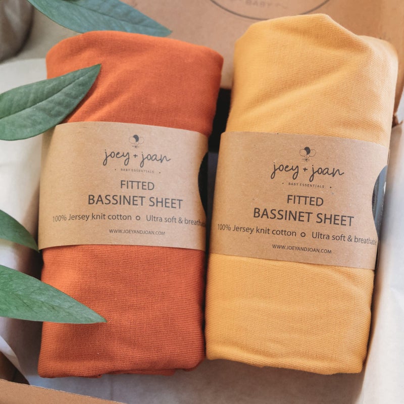 Joey + Joan Bassinet Fitted Sheets for Chicco LullaGo Anywhere Baby Bjorn Cradle and 14 x 29 Mattress Pad  Snuggly Soft 100 Jersey Cotton  Mustard Yellow  Burnt Orange  2 Pack