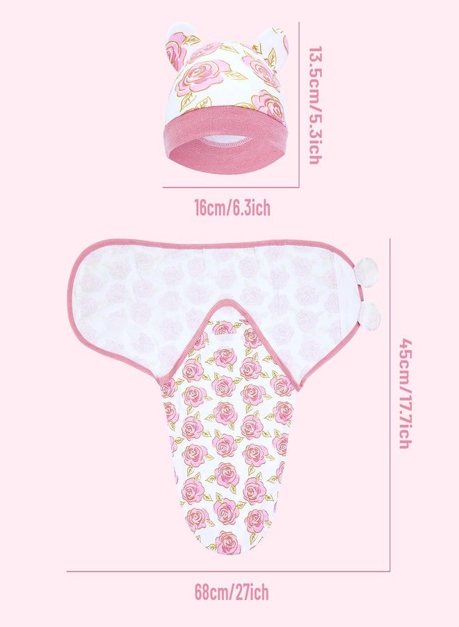 Dizila 2 Sets Adjustable Soft Cotton Blend Newborn Infant Baby Girl Receiving Swaddle Blankets Sleep Sacks with Matching Nursery Hats Caps Beanies Bonnets (Set 2) - Image 2