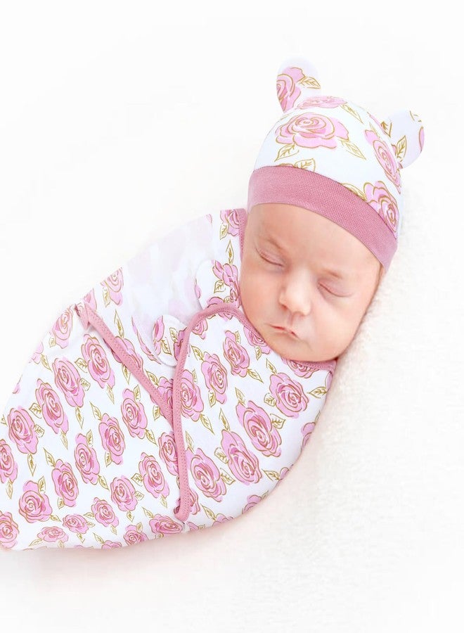 Dizila 2 Sets Adjustable Soft Cotton Blend Newborn Infant Baby Girl Receiving Swaddle Blankets Sleep Sacks with Matching Nursery Hats Caps Beanies Bonnets (Set 2) - Image 5
