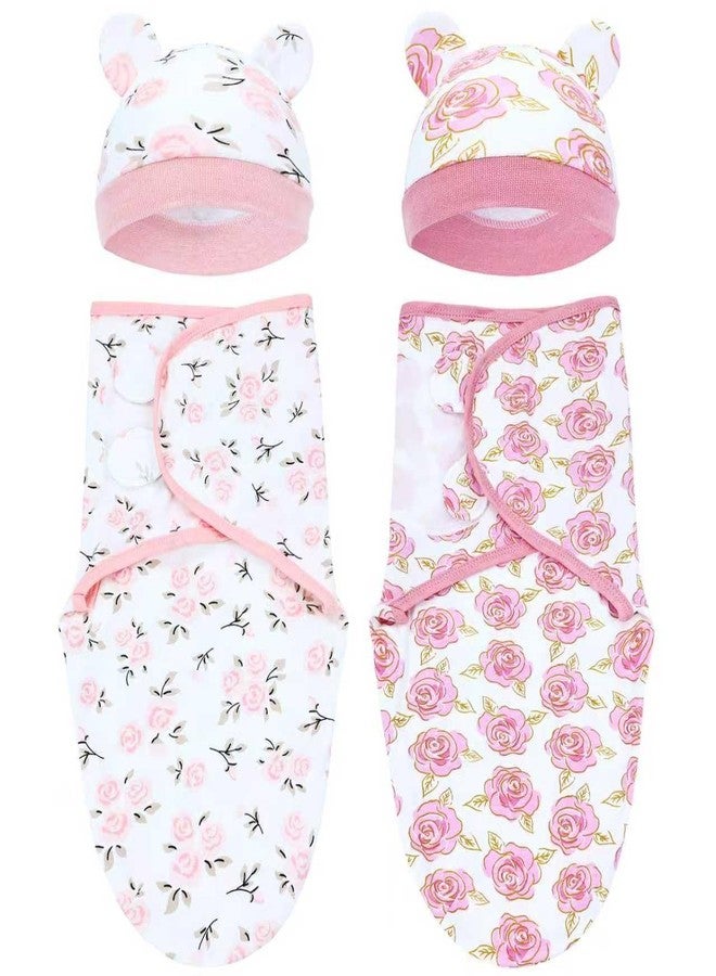 Dizila 2 Sets Adjustable Soft Cotton Blend Newborn Infant Baby Girl Receiving Swaddle Blankets Sleep Sacks with Matching Nursery Hats Caps Beanies Bonnets (Set 2) - Image 1